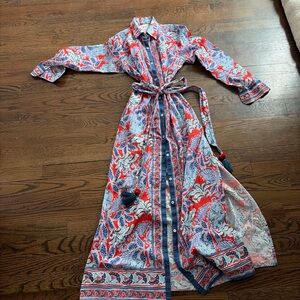 Long Sleeve Button-Front Maxi Shirt Dress in Red and Blue Paisley